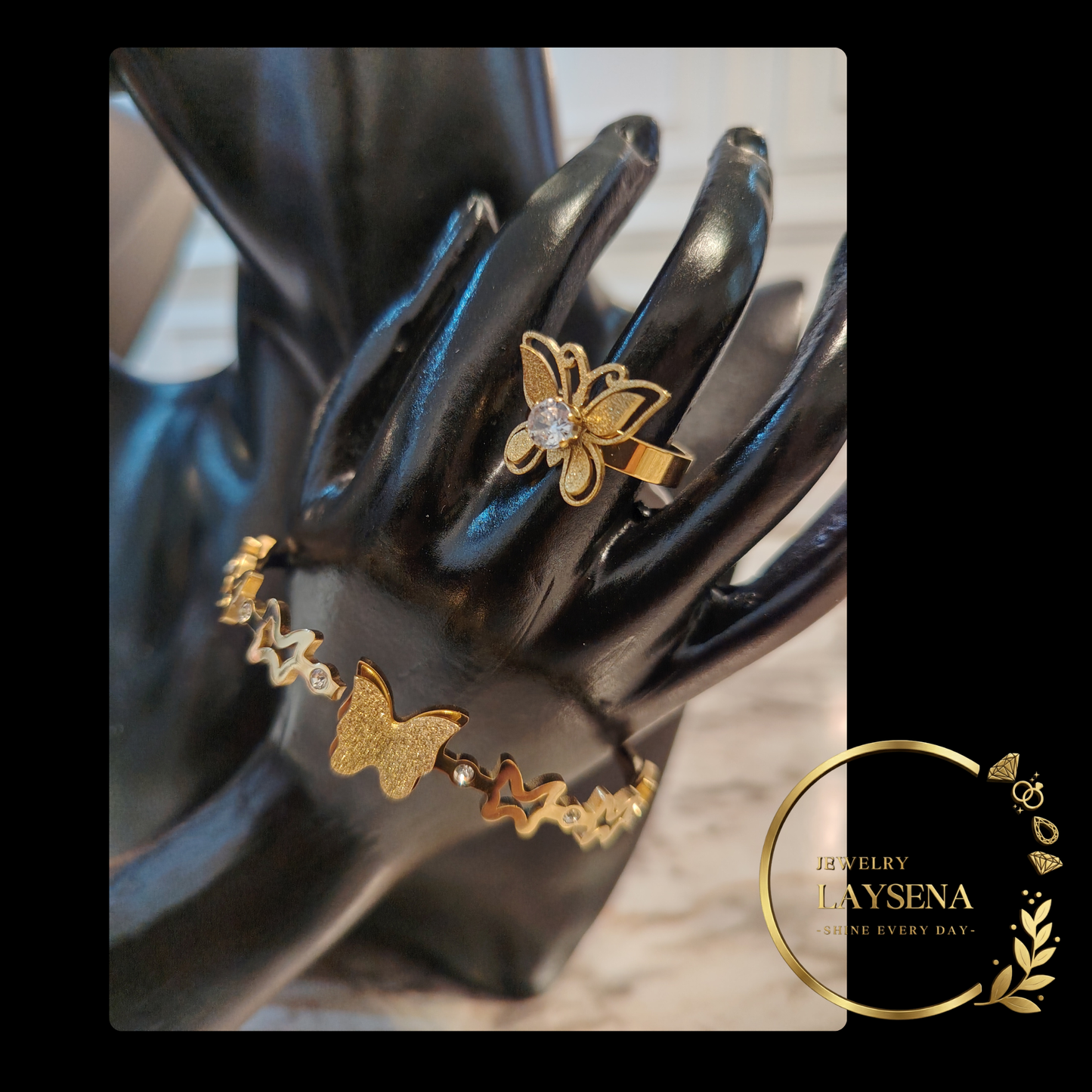 Ensemble Élégant (Motifs Fleurs & Papillon) - Bracelet + Bague en Acier Inoxydable Doré