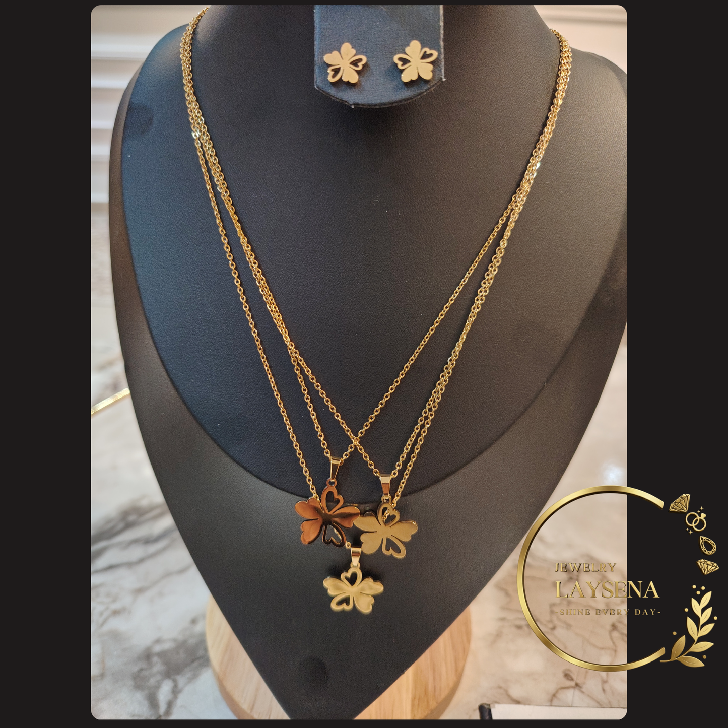 Collier Feuilles Dorées à Chaînes Multiples +boucles d'oreilles