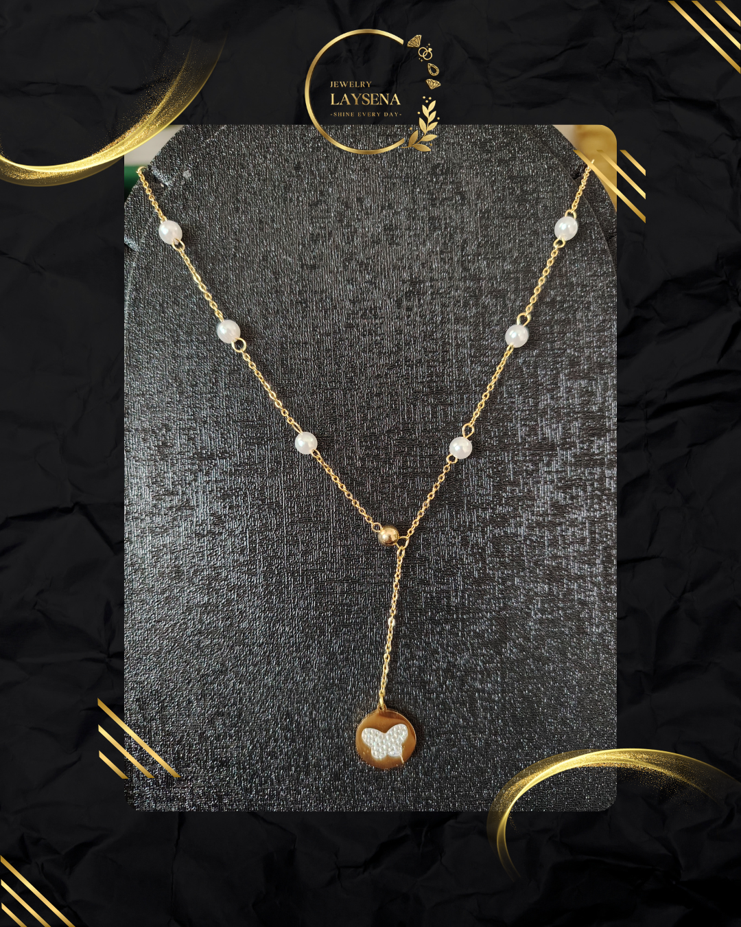 Collier Lariat Perles & Médaillon Papillon Nacré – Doré ou Argenté