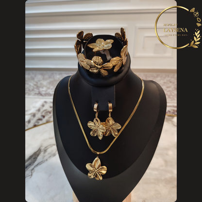 ENSEMBLE Motifs Floraux :Collier + Bracelet + Boucles d’Oreilles + Bague