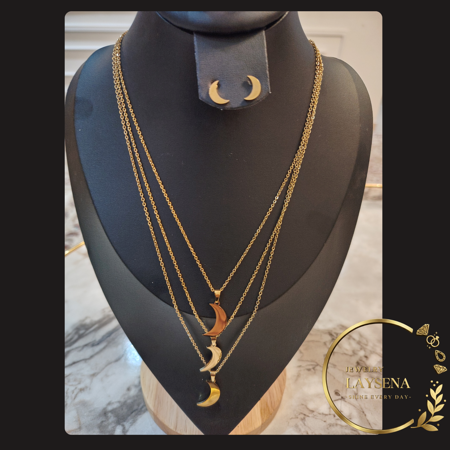 Parure Collier Multi-Chaînes et Boucles d'Oreilles -croissant de lune