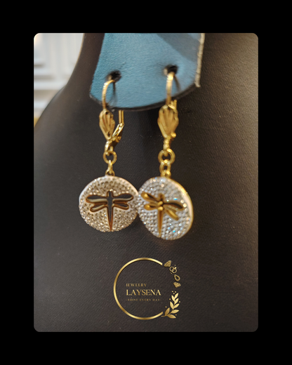 Boucles d’oreilles pendantes en SS– Disques ronds motif libellule