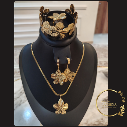 ENSEMBLE Motifs Floraux :Collier + Bracelet + Boucles d’Oreilles + Bague