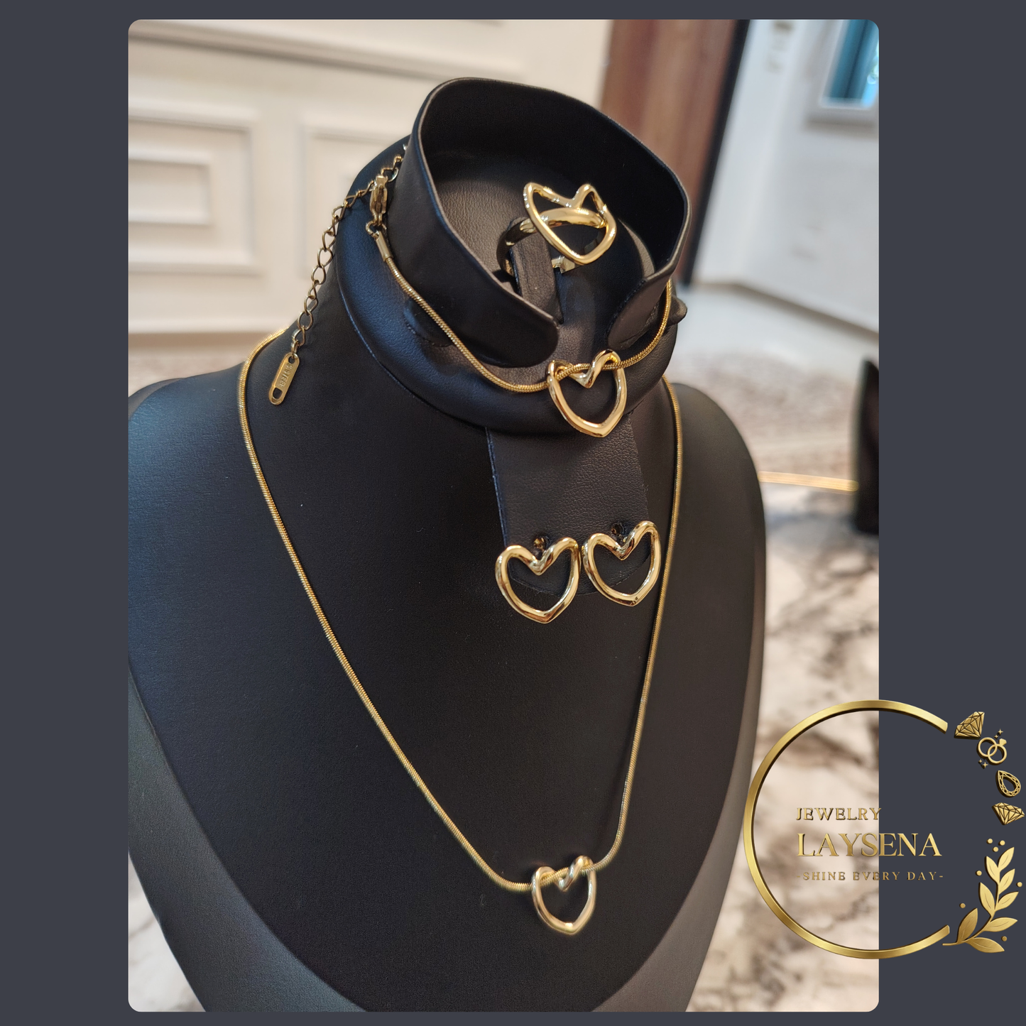 Ensemble Cœur Acier Inoxydable Doré – Collier, Bracelet, Boucles & Bague