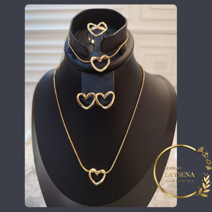Ensemble Cœur Acier Inoxydable Doré – Collier, Bracelet, Boucles & Bague