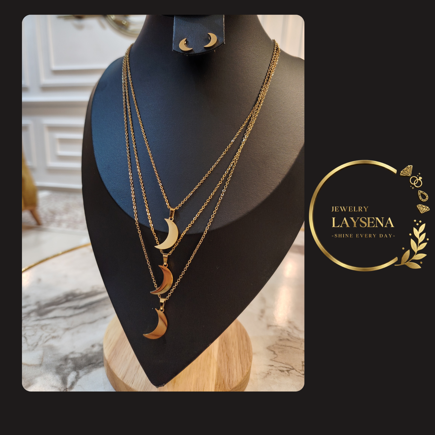 Parure Collier Multi-Chaînes et Boucles d'Oreilles -croissant de lune