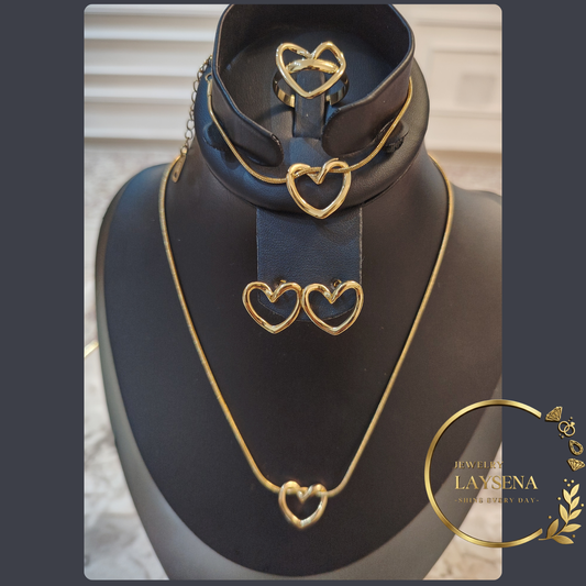 Ensemble Cœur Acier Inoxydable Doré – Collier, Bracelet, Boucles & Bague