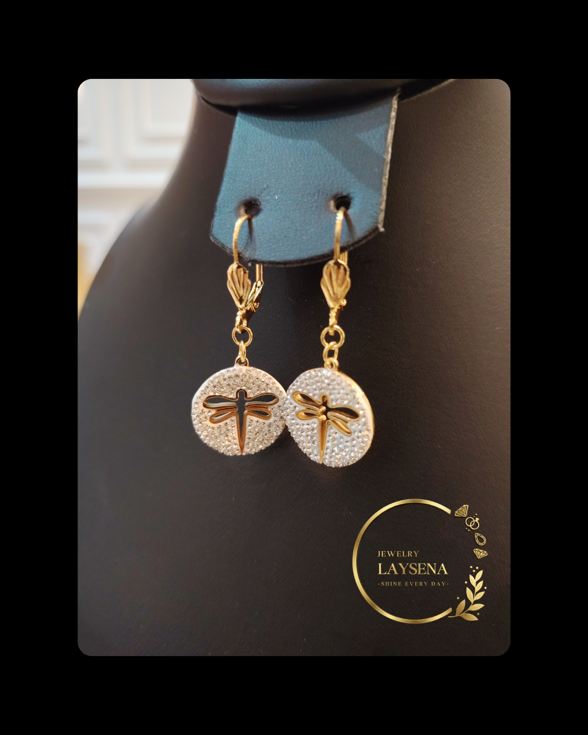 Boucles d’oreilles pendantes en SS– Disques ronds motif libellule