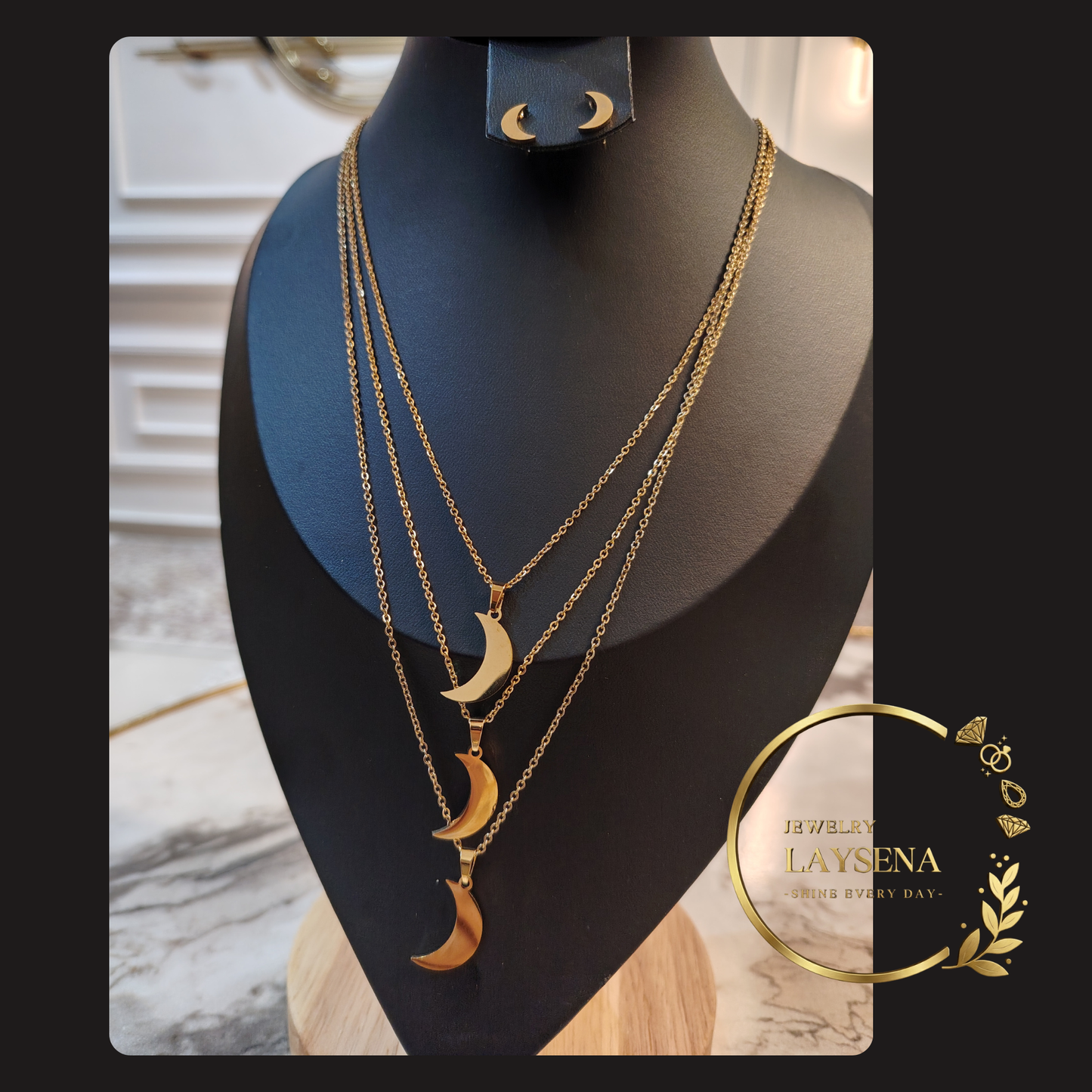 Parure Collier Multi-Chaînes et Boucles d'Oreilles -croissant de lune