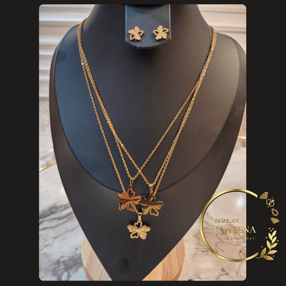 Collier Feuilles Dorées à Chaînes Multiples +boucles d'oreilles