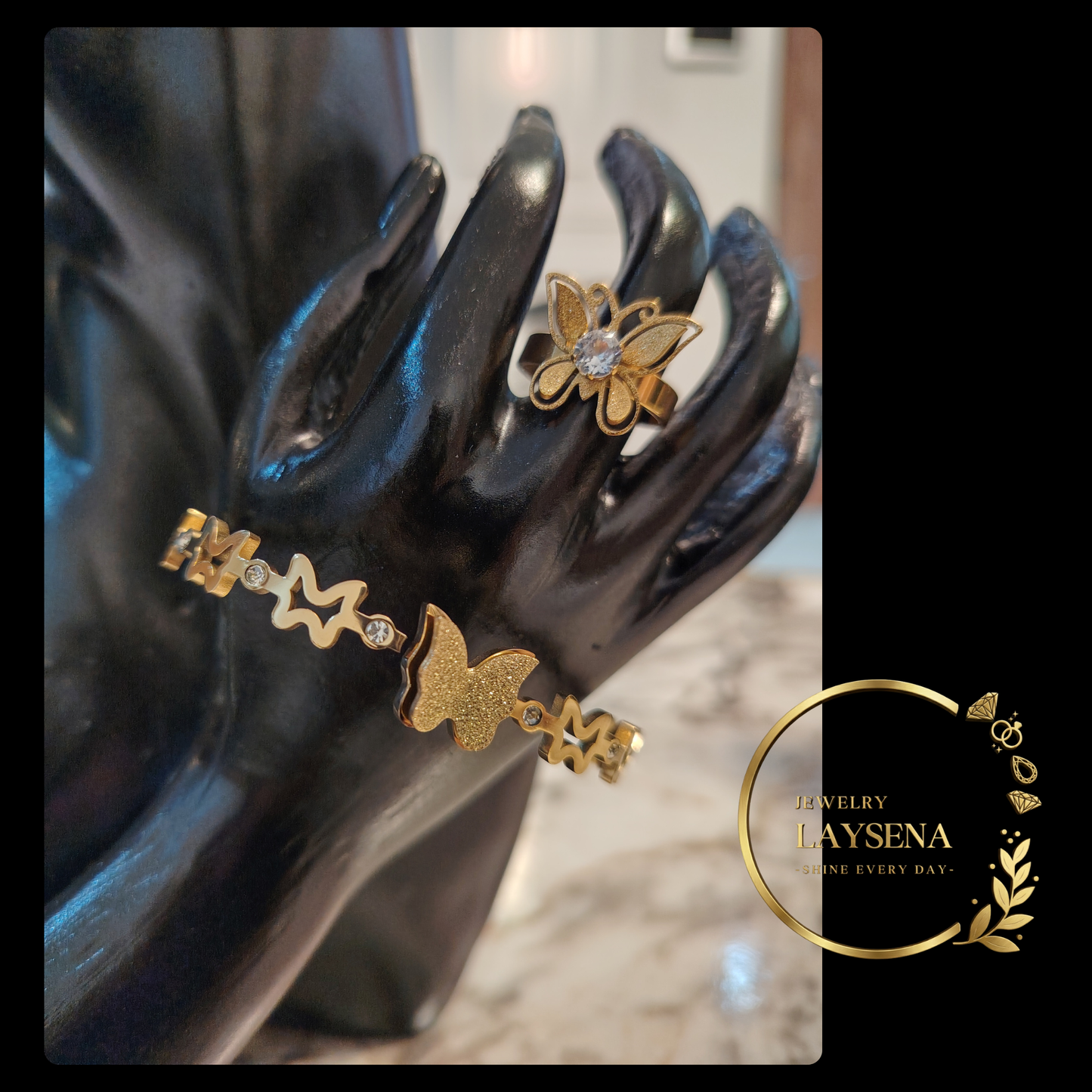 Ensemble Élégant (Motifs Fleurs & Papillon) - Bracelet + Bague en Acier Inoxydable Doré