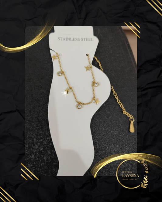 Gourmette Cheville Acier Inoxydable Doré – Charms Étoiles & Zircons