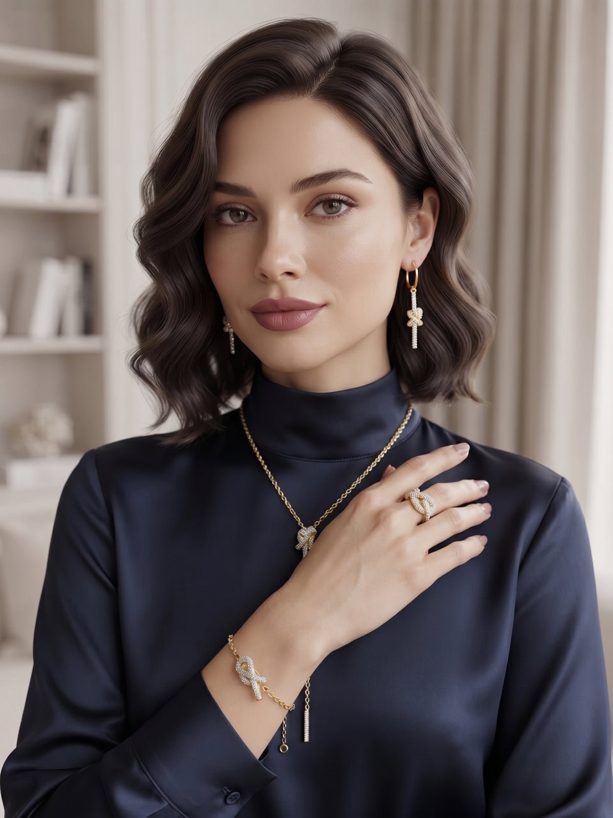 Parure Nœud Scintillant – Collier, Bracelet, Boucles & Bague