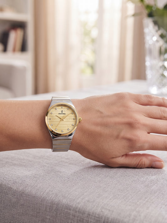 Montre Élégante Dorée Festina – Cadran Solaire & Zirconiums