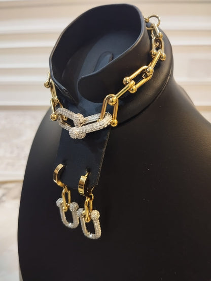 Bijoux TIFFANY -bracelet Chaîne Doré ET  Boucles U Pavé