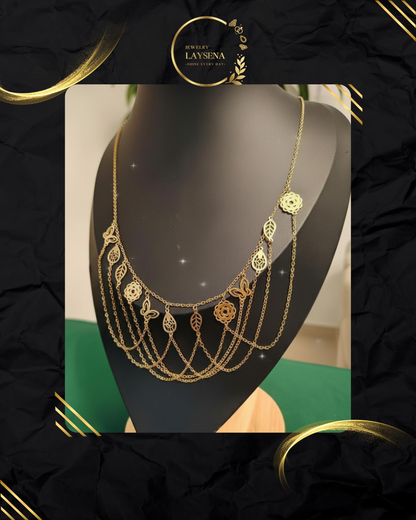 Collier Multi-Rangs Nature – Roses, Papillons & Feuilles Dorées