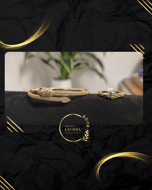 Set Bracelet & Bague Doré Luxe – Pavé Zircons, Serpent, Maillons & Médaillon