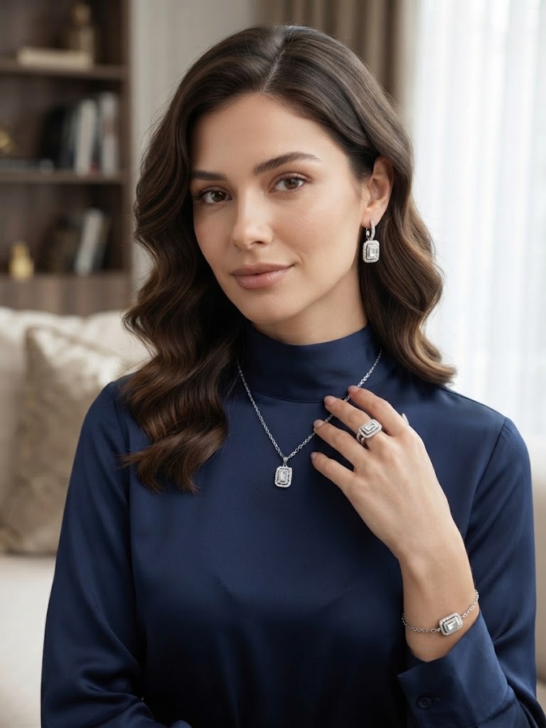 Parure Solitaire Émeraude & Zirconiums – Collier, Bague, Boucles & Bracelet