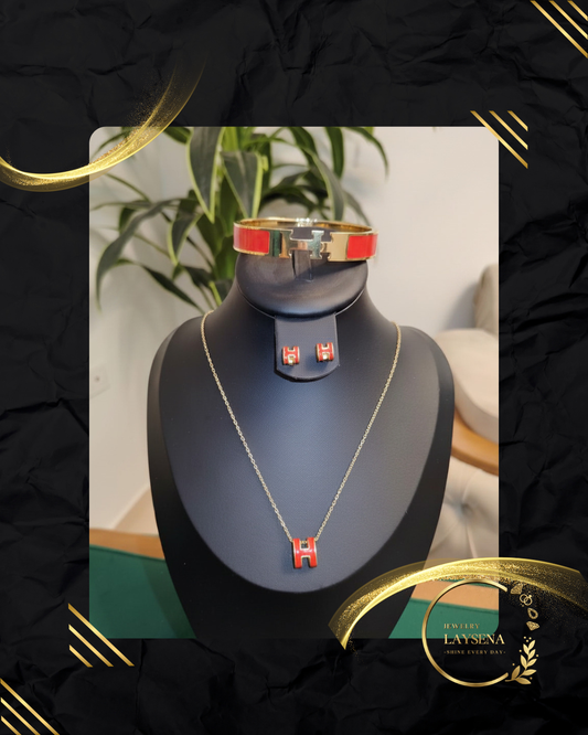 Parure 3 Pièces Style H – Jonc, Collier & Puces Émaillés – 6 Couleurs