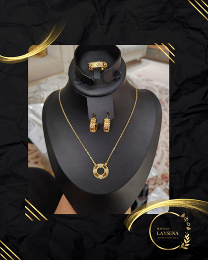 Parure 3 Pièces Style Van Cleef – Cercle Pavé Zircons, Créoles & Bague Dorées