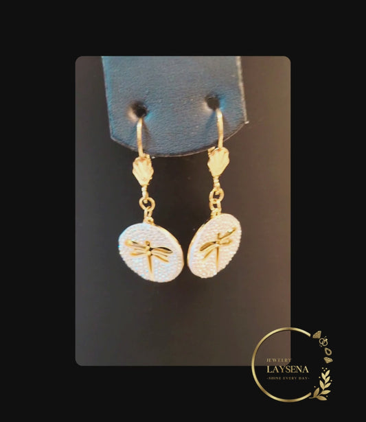 Boucles d’oreilles pendantes en SS– Disques ronds motif libellule