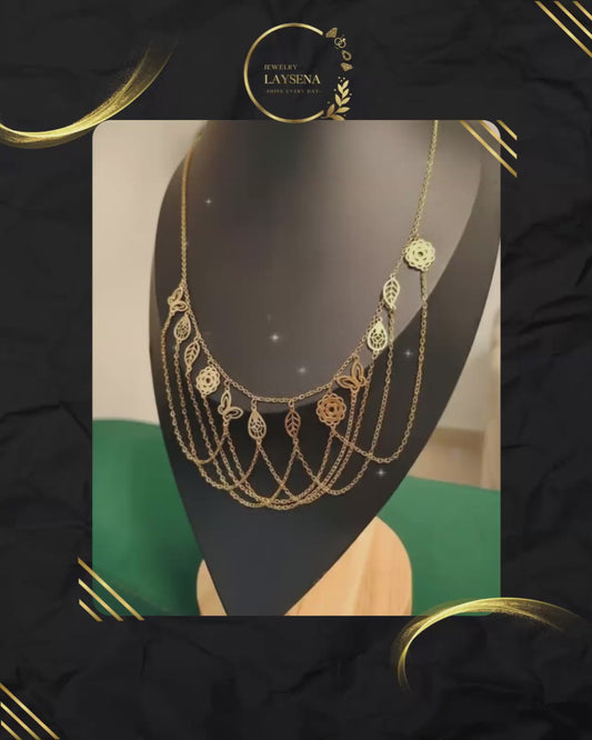 Collier Multi-Rangs Nature – Roses, Papillons & Feuilles Dorées