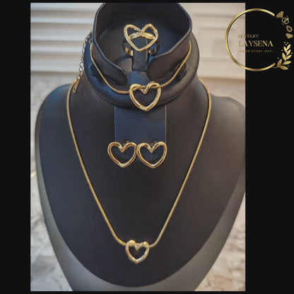 Ensemble Cœur Acier Inoxydable Doré – Collier, Bracelet, Boucles & Bague