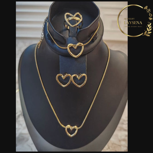 Ensemble Cœur Acier Inoxydable Doré – Collier, Bracelet, Boucles & Bague